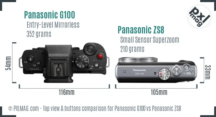 Panasonic G100 vs Panasonic ZS8 top view buttons comparison