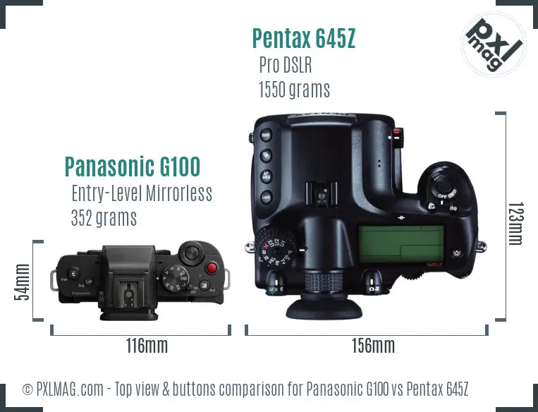 Panasonic G100 vs Pentax 645Z top view buttons comparison