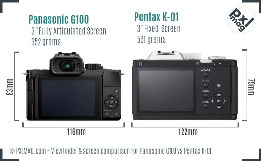 Panasonic G100 vs Pentax K-01 Screen and Viewfinder comparison