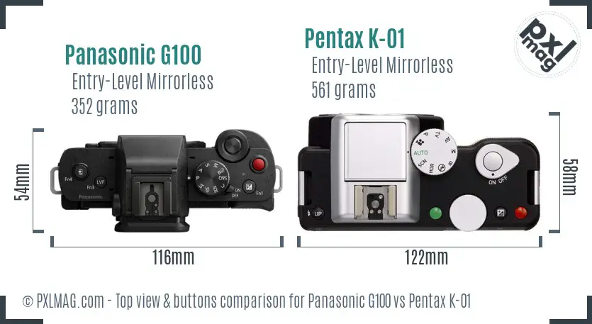 Panasonic G100 vs Pentax K-01 top view buttons comparison