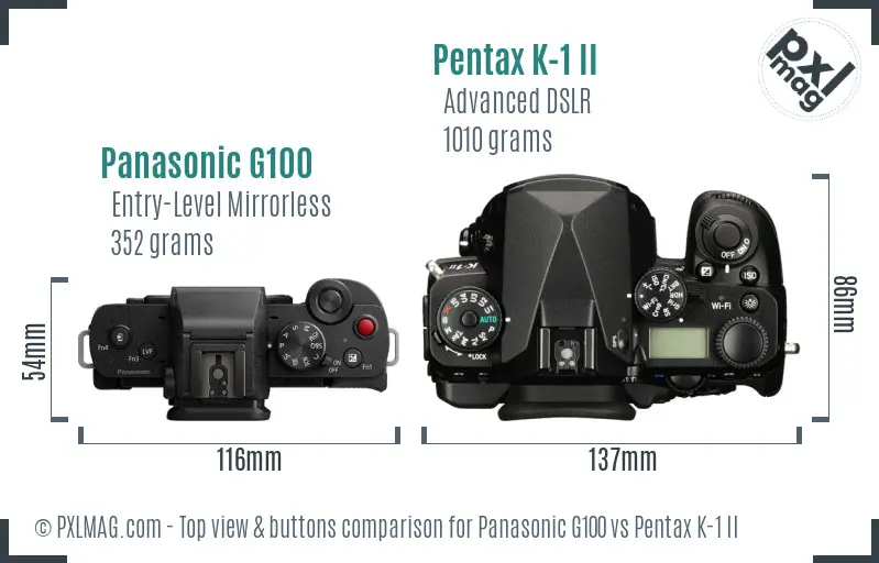 Panasonic G100 vs Pentax K-1 II top view buttons comparison