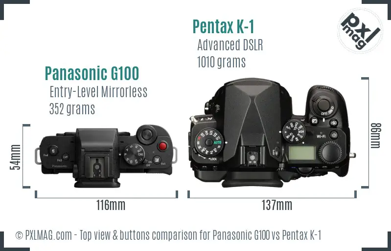 Panasonic G100 vs Pentax K-1 top view buttons comparison