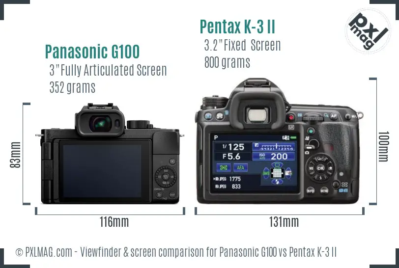 Panasonic G100 vs Pentax K-3 II Screen and Viewfinder comparison