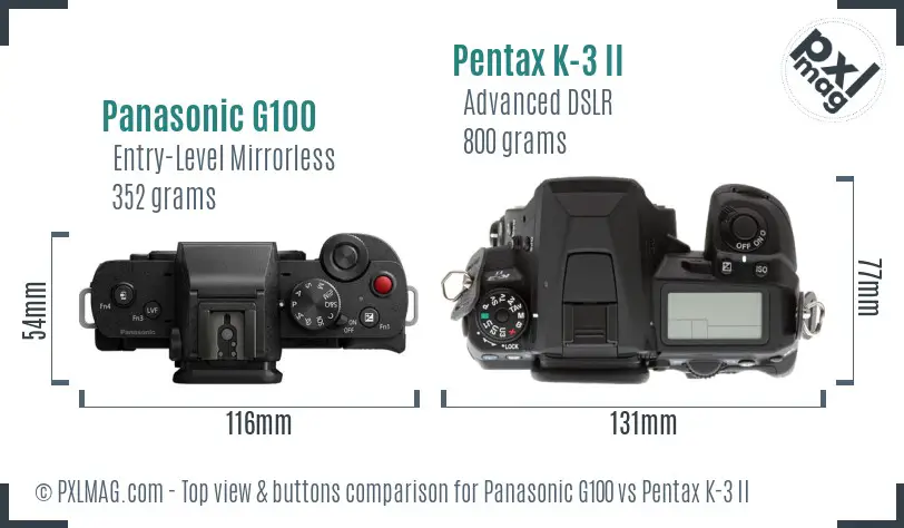 Panasonic G100 vs Pentax K-3 II top view buttons comparison