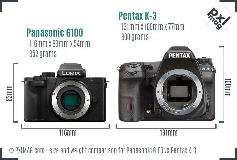 Panasonic G100 vs Pentax K-3 size comparison