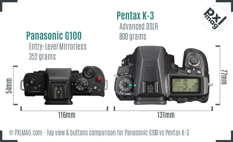 Panasonic G100 vs Pentax K-3 top view buttons comparison