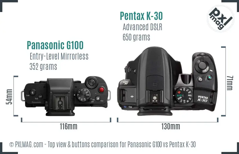 Panasonic G100 vs Pentax K-30 top view buttons comparison