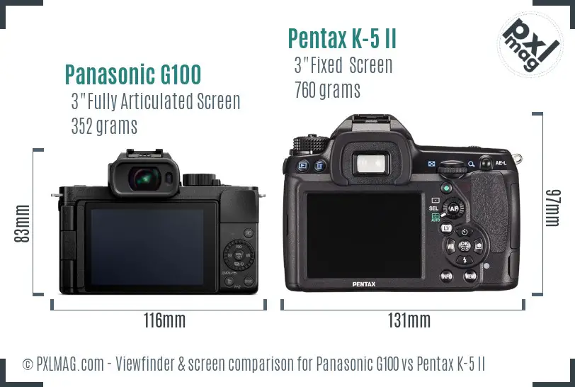Panasonic G100 vs Pentax K-5 II Screen and Viewfinder comparison
