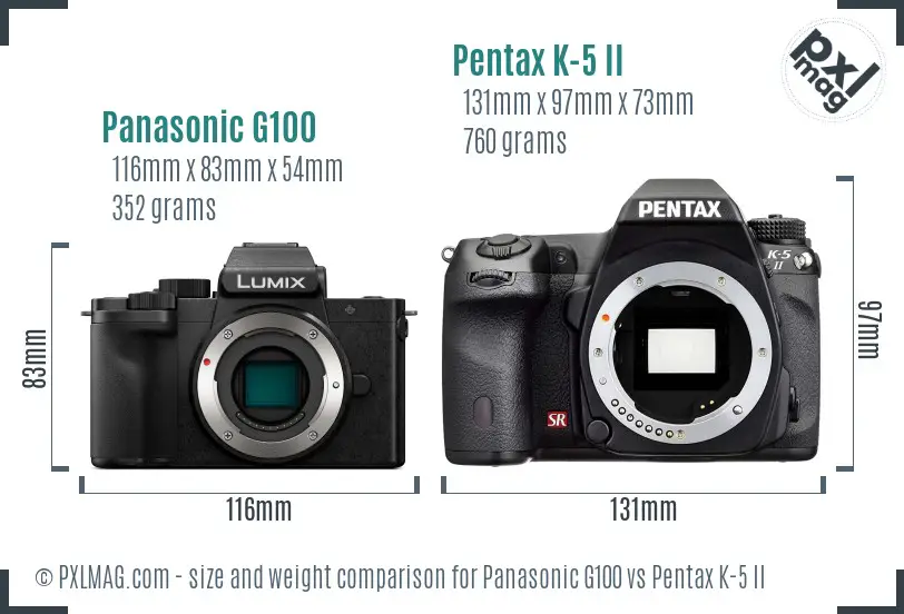 Panasonic G100 vs Pentax K-5 II size comparison