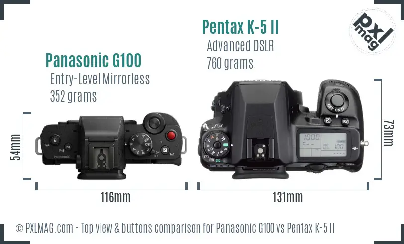 Panasonic G100 vs Pentax K-5 II top view buttons comparison
