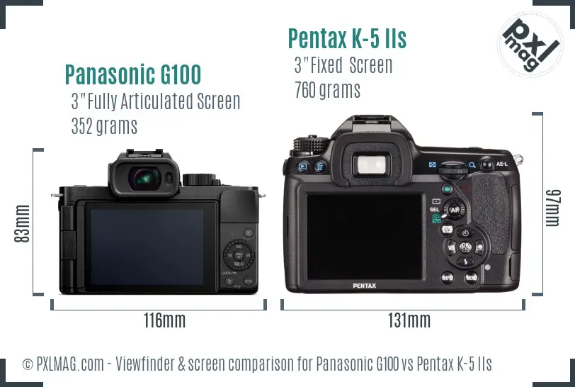 Panasonic G100 vs Pentax K-5 IIs Screen and Viewfinder comparison