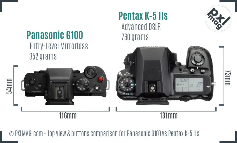 Panasonic G100 vs Pentax K-5 IIs top view buttons comparison