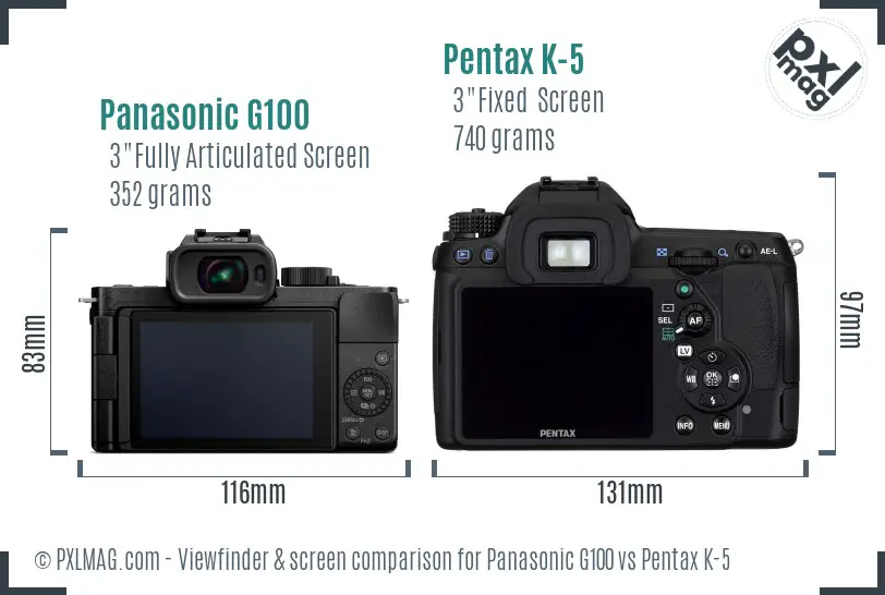 Panasonic G100 vs Pentax K-5 Screen and Viewfinder comparison