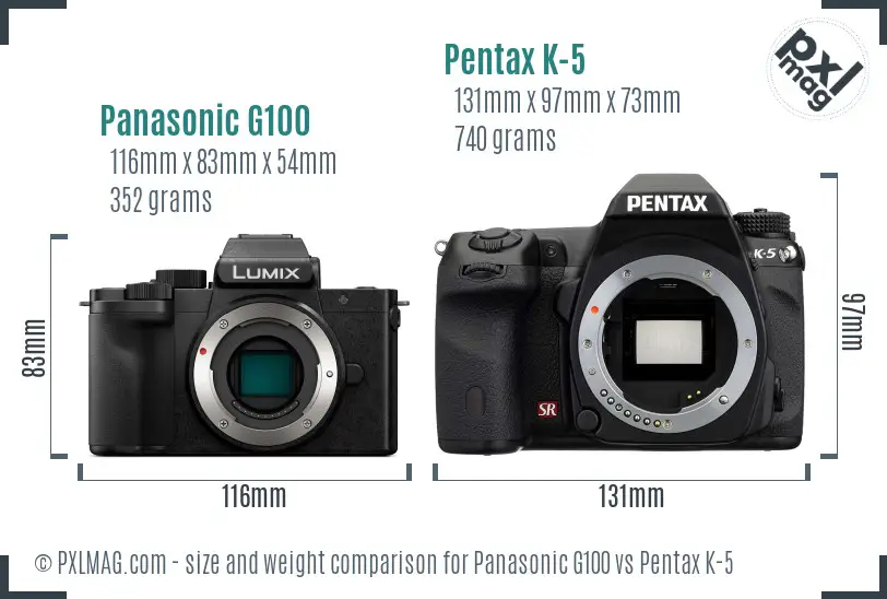 Panasonic G100 vs Pentax K-5 size comparison