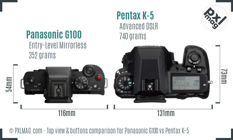 Panasonic G100 vs Pentax K-5 top view buttons comparison