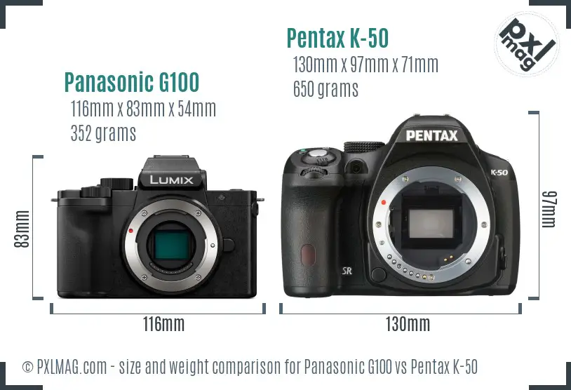 Panasonic G100 vs Pentax K-50 size comparison