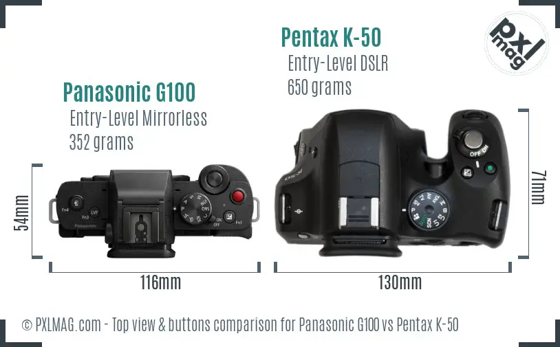 Panasonic G100 vs Pentax K-50 top view buttons comparison