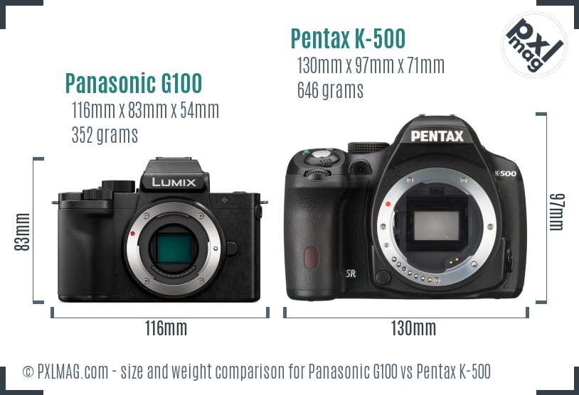 Panasonic G100 vs Pentax K-500 size comparison