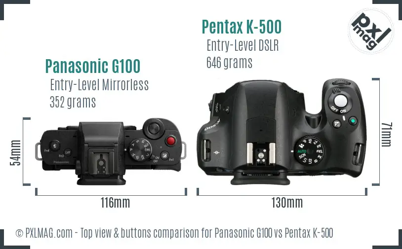 Panasonic G100 vs Pentax K-500 top view buttons comparison