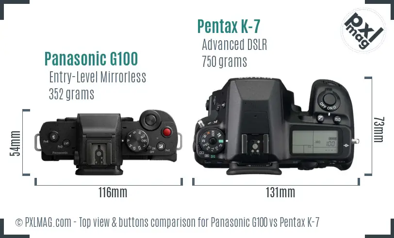 Panasonic G100 vs Pentax K-7 top view buttons comparison