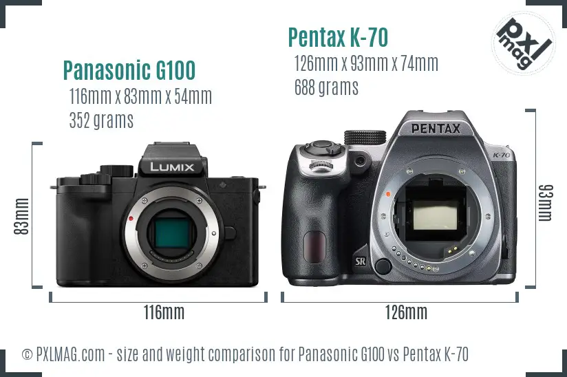 Panasonic G100 vs Pentax K-70 size comparison