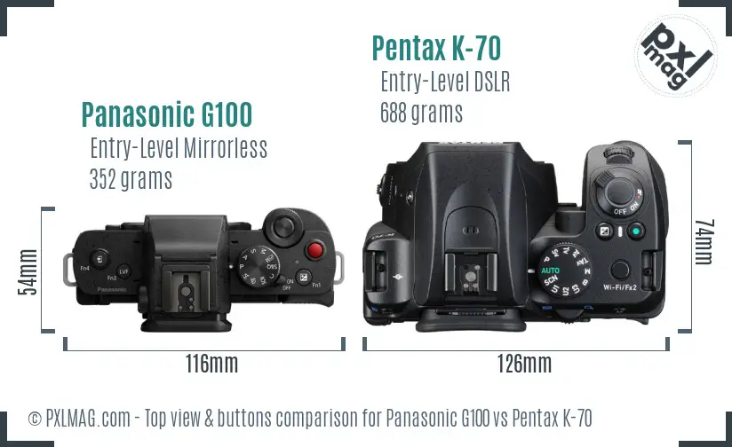 Panasonic G100 vs Pentax K-70 top view buttons comparison