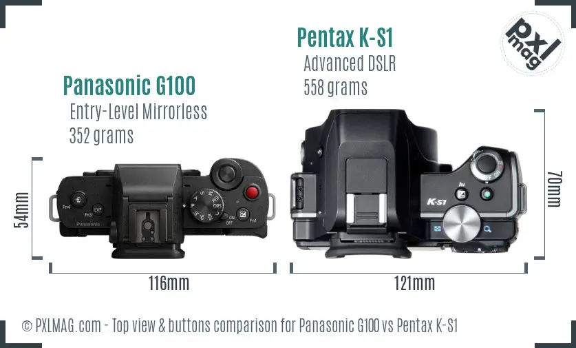 Panasonic G100 vs Pentax K-S1 top view buttons comparison