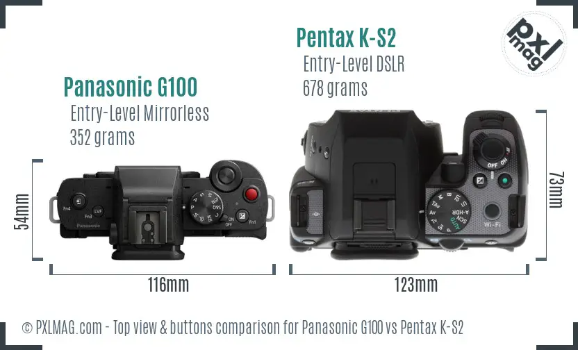 Panasonic G100 vs Pentax K-S2 top view buttons comparison