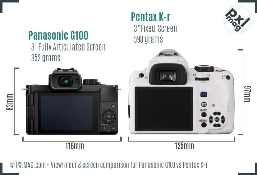 Panasonic G100 vs Pentax K-r Screen and Viewfinder comparison