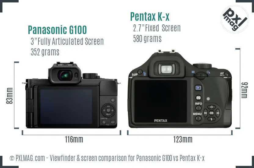 Panasonic G100 vs Pentax K-x Screen and Viewfinder comparison