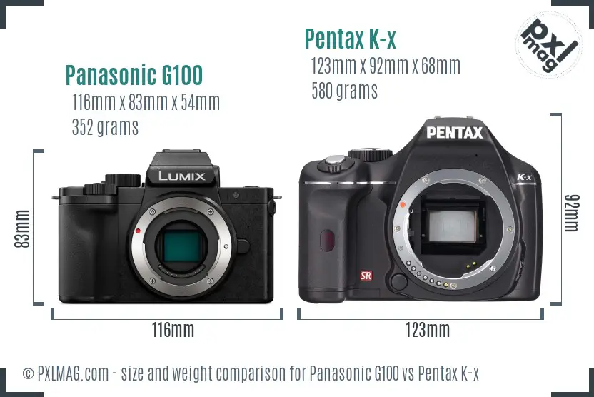 Panasonic G100 vs Pentax K-x size comparison