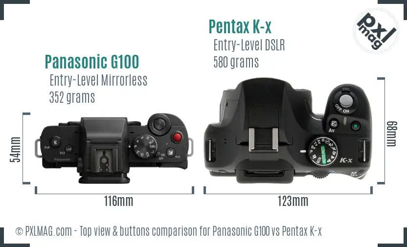 Panasonic G100 vs Pentax K-x top view buttons comparison