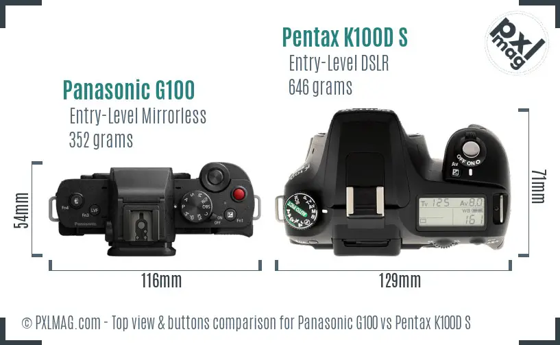 Panasonic G100 vs Pentax K100D S top view buttons comparison