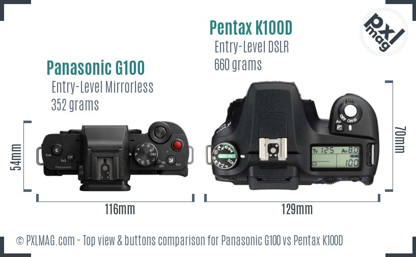 Panasonic G100 vs Pentax K100D top view buttons comparison