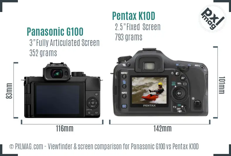 Panasonic G100 vs Pentax K10D Screen and Viewfinder comparison