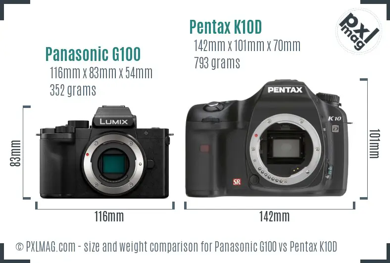 Panasonic G100 vs Pentax K10D size comparison