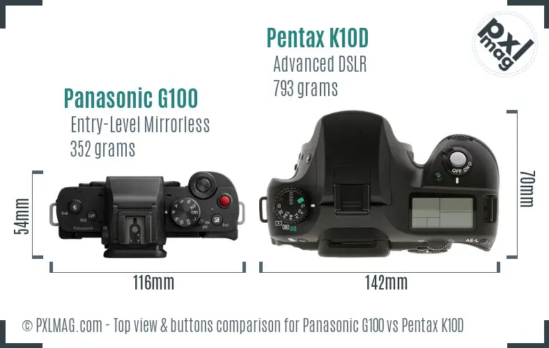 Panasonic G100 vs Pentax K10D top view buttons comparison