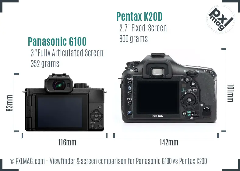 Panasonic G100 vs Pentax K20D Screen and Viewfinder comparison