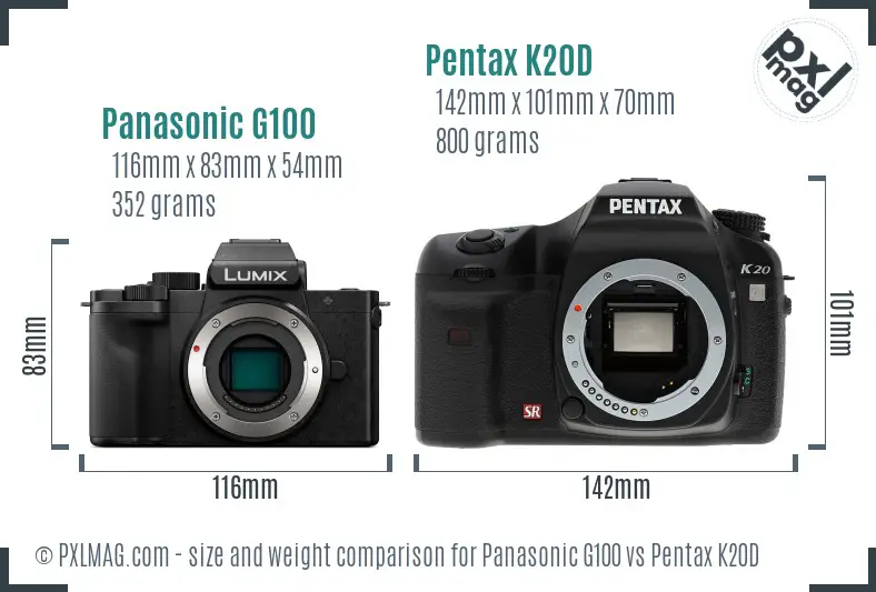 Panasonic G100 vs Pentax K20D size comparison