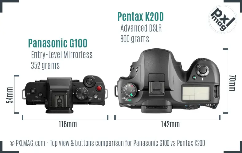 Panasonic G100 vs Pentax K20D top view buttons comparison