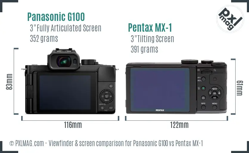 Panasonic G100 vs Pentax MX-1 Screen and Viewfinder comparison