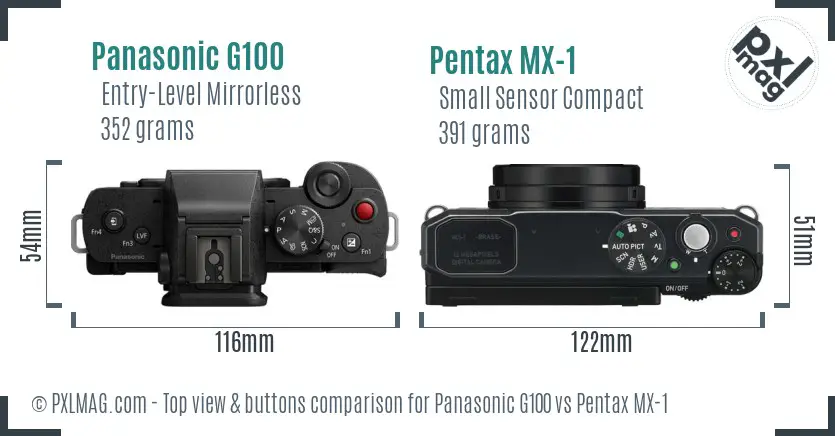 Panasonic G100 vs Pentax MX-1 top view buttons comparison
