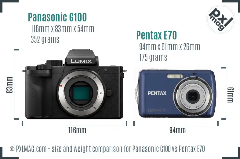 Panasonic G100 vs Pentax E70 size comparison