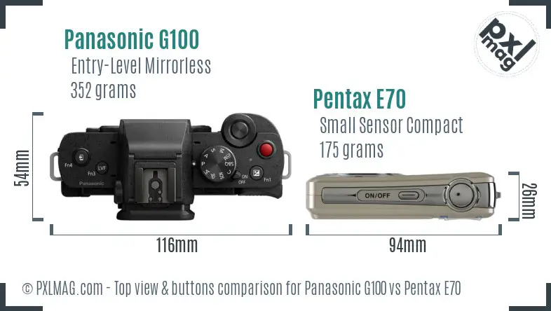 Panasonic G100 vs Pentax E70 top view buttons comparison