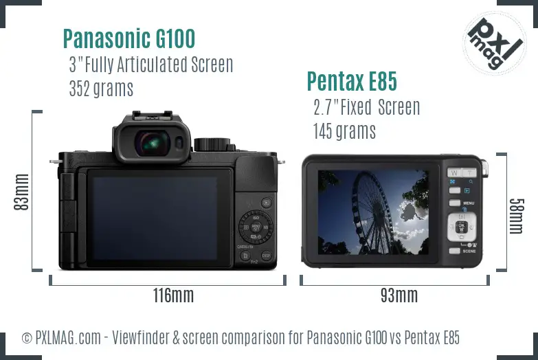 Panasonic G100 vs Pentax E85 Screen and Viewfinder comparison