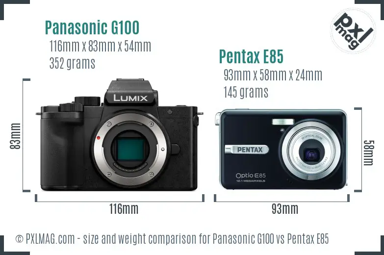 Panasonic G100 vs Pentax E85 size comparison