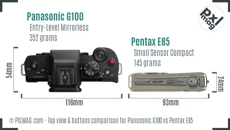 Panasonic G100 vs Pentax E85 top view buttons comparison