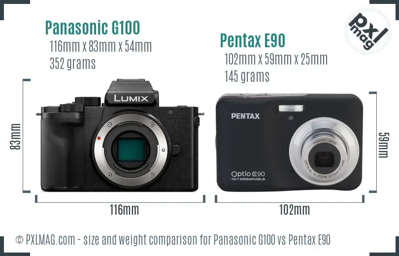 Panasonic G100 vs Pentax E90 size comparison