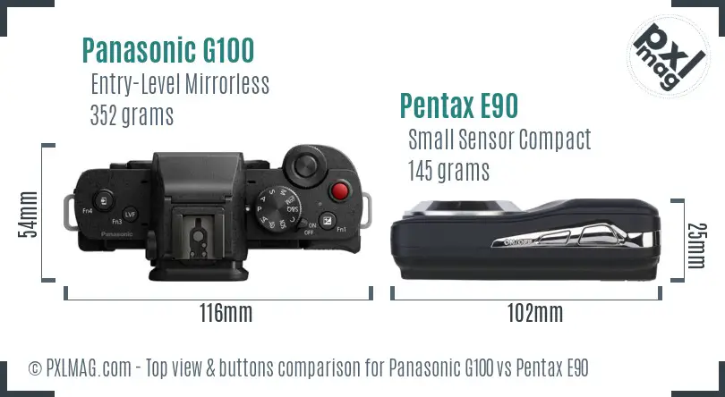 Panasonic G100 vs Pentax E90 top view buttons comparison