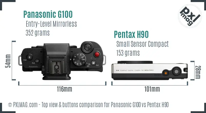 Panasonic G100 vs Pentax H90 top view buttons comparison